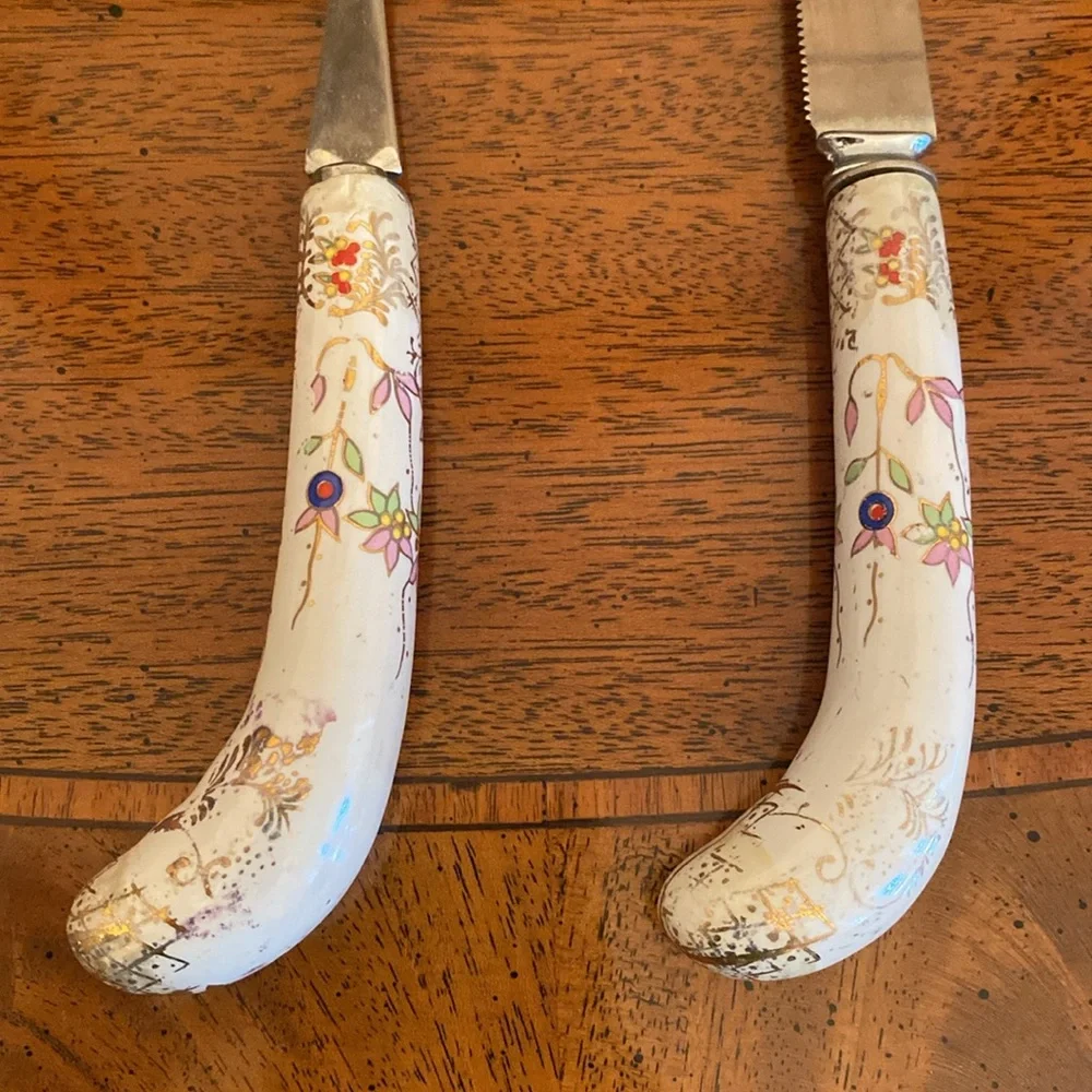 Sheffield England Cheese Slicer & Knife Set Floral Design Porcelain Handles